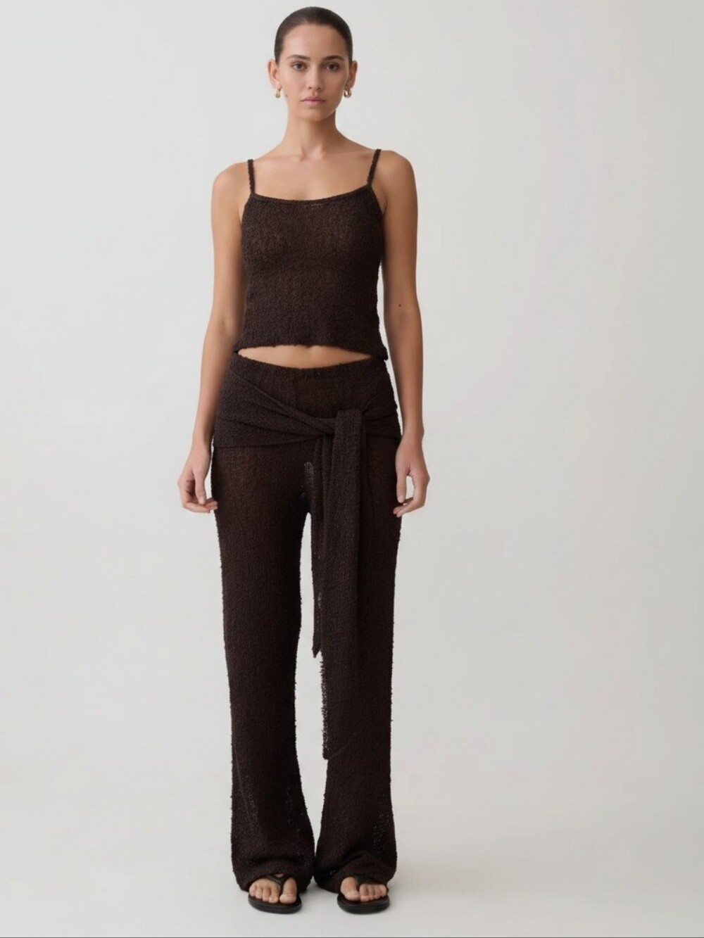 NWT Meshki Mattais Boucle Knit Pants w/ Side Tie Sash Belt In Dark Chocolate XS